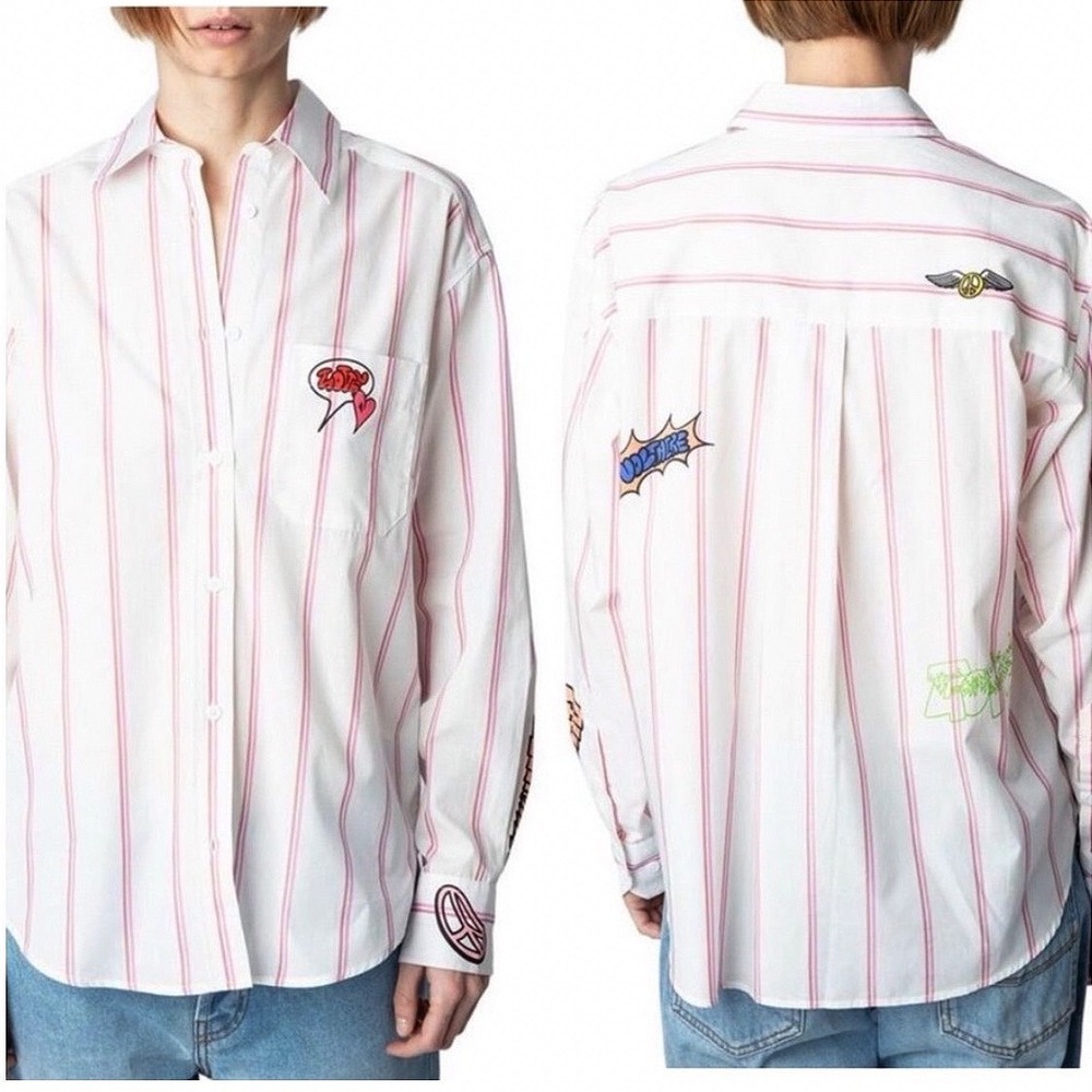 Zadig & Voltaire Tais Pop Raye Brod Shirt Mens Pink White Striped Graphic Medium - Picture 5 of 10